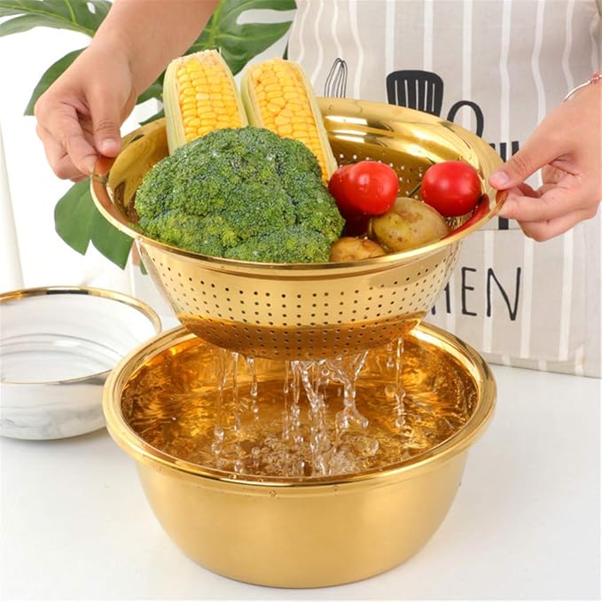 3-In-1 Multifunctional Grater Basin Colander Strainer Set, Mingcheng Stainless Steel Kitchen Grater/Drain Basket/Bottom Basin for Washing Rice, Fruits, Vegetable, Grater with Container (Rose Gold)