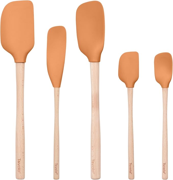 Tovolo Silicone Spatula with Wooden Handle Set of 5 Piece Silicone Kitchen Utensil Set Spoonula Jar Scraper Mini Spatula and Spoonula for Cooking Baking Mixing Folding Apricot Orange Cookware
