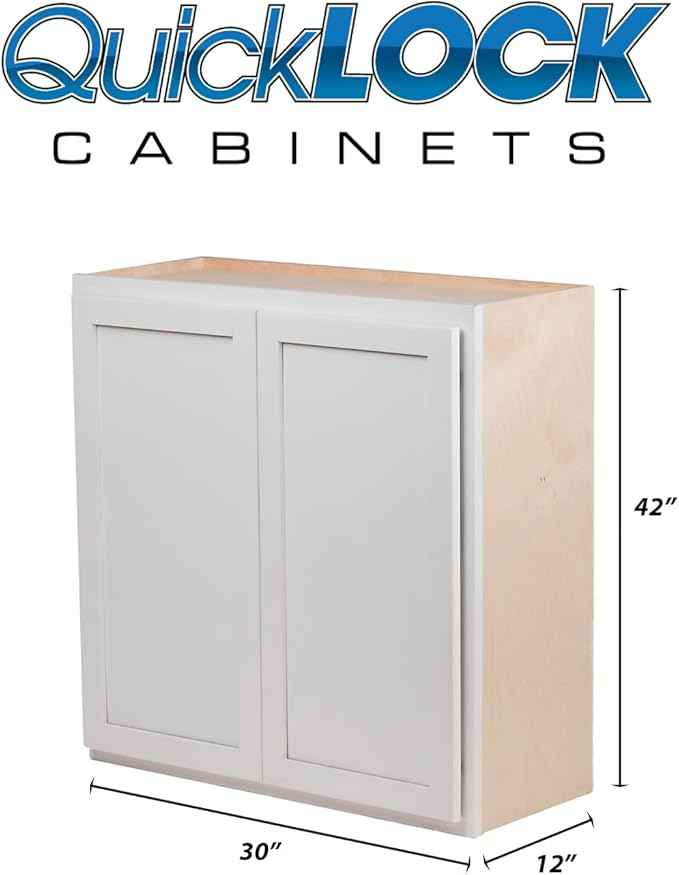 Quicklock RTA (Ready-to-Assemble) 42" Tall Wall Kitchen Cabinets - Shaker Style | 100% Hardwood | Made in America | Soft Close Hardware (Pure White, 12" D x 30" W x 42" H)