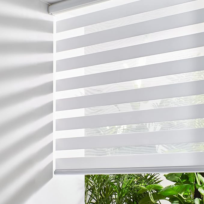 Persilux Cordless Zebra Blinds for Windows Free-Stop Window Shades (33" W X 64" H, White) Dual Layer Light Control for Day and Night, Light Filtering Sheer Shades for Home, Bedroom, Easy to Install