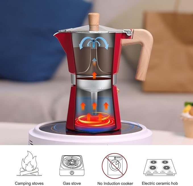 Sivaphe Aluminum Moka Pot 3 Espresso Cups, Percolator Espresso and Coffee Maker, Portable Stovetop Italian and Cuban Café Brewer for Home and Camping Red