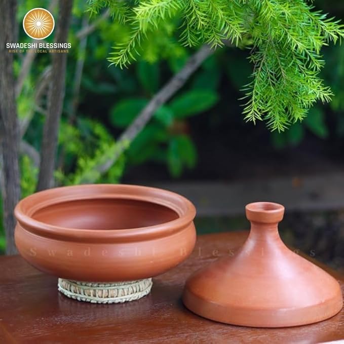 Swadeshi Blessings Unglazed Clay Tajine Pot for Cooking with Lid/LEAD-FREE Earthen Tajine/Clay Tagine Cookware for baking +FREE ASH For Cleaning