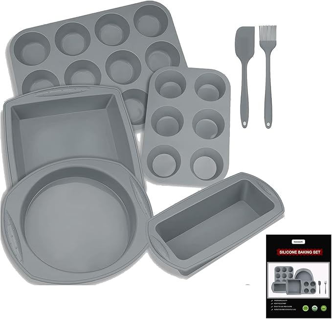 7in1 Silicone Bakeware Baking Set, Kitchen Bake Pans Molds Tray for Oven with BPA Free Round/Square Cake Pan, Loaf Pan, Muffin Pan for Bread Pizza Cheesecake Cupcake Pie Desserts