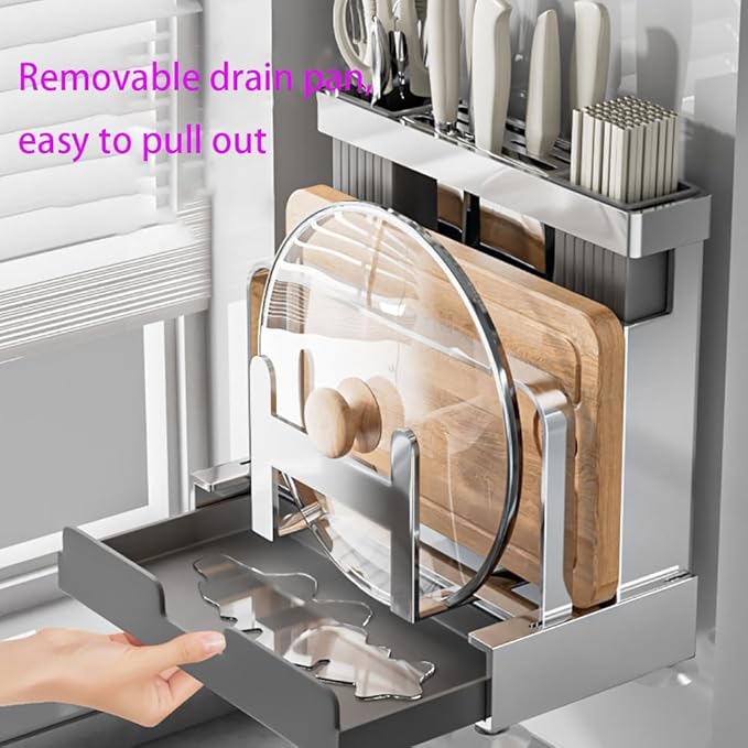 Multifunctional Cutting Board, Knife Drying Rack Kitchen Countertop Pot Lids Organizer, Knife Block Holder with Drain Tray Utensil Holders Bakeware Cookware Chopping Board Storage Stand