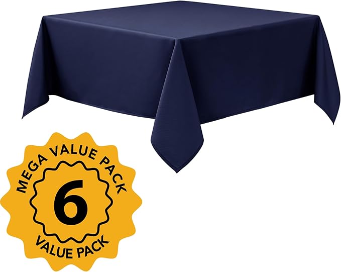 6-Pack Navy Blue Tablecloths for Square Tables, 70 x 70 Inches, Stain-Resistant Polyester Fabric for 3 Foot Tables - Washable Table Covers for Weddings, Banquets, Birthday Parties, Events