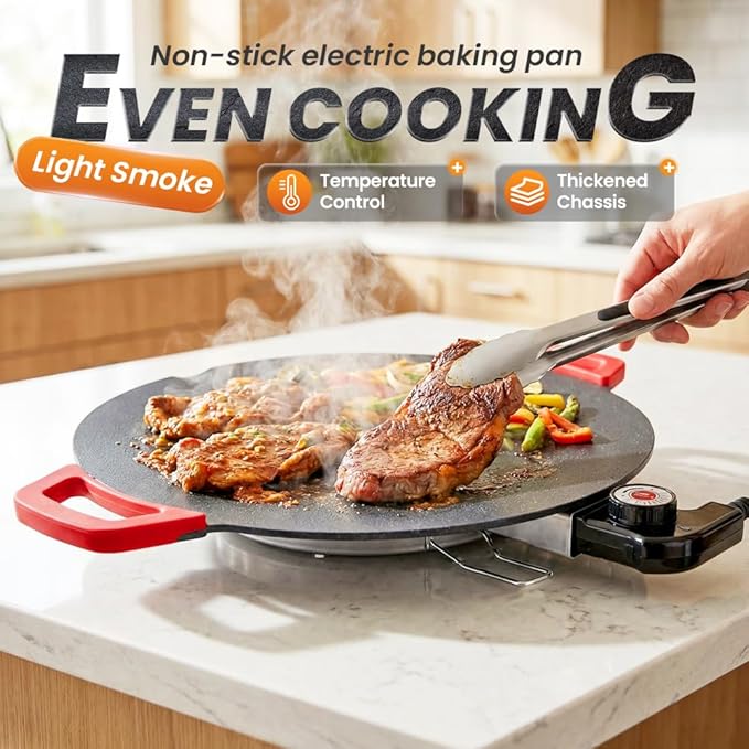 Non-Stick Electric Indoor Grill Pan, 2026 Upgraded Indoor Grills Electric Smokeless, Large Round Electric Griddle, Portable Electric KoreanBbq Grills, for Steaks, Pancakes, BBQ (14 inch)
