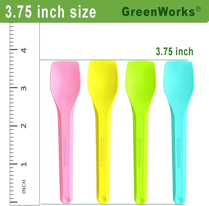 GreenWorks 100 Count Small Compostable Ice Cream Spoons,3.75 Inch Tiny Multi-colored Mini Spoons for Honey Sugar Jam