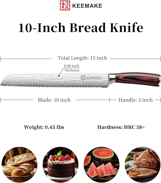 KEEMAKE 10 Inch Bread Knife for Homemade Bread - Ultra Sharp for Serrated Sourdough, Crusty Artisan Loaves, Bagels & Cake, High Carbon Stainless Steel Slicing Knife with Cover & Mom Gift Box