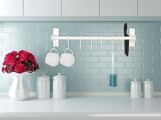 Dseap Pot Rack - Pots and Pans Hanging Rack Rail with 8 Hooks, Double Bars, Pot Hangers for Kitchen, Wall Mounted, White, 2 Packs