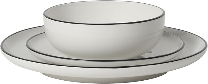 Gibson Home Havenstone 12-Piece Porcelain Dinnerware Set – Dinner Plates, Salad Plates & Bowls, Classic White With Black Rim Everyday Dish Set for Home, Kitchen, Microwave & Dishwasher Safe