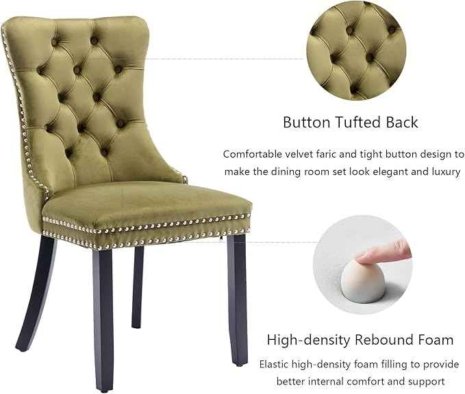 Velvet Dining Chairs Set of 6, Upholstered Dining Room Chairs with Back Ring Pull Trim and Solid Wood Legs,Tufted Wingback Kitchen Chairs for Dining Room,Living Room,Kitchen(Olive Green)