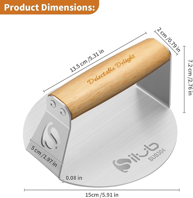 Smash Burger Press,304 Stainless Steel 6.0 Inches Round Hamburger Smasher with Anti Scald Wood Handle, Non-Stick Burger Press Perfect for Flat Top Griddle Grill Cooking (6'' Coated Press)