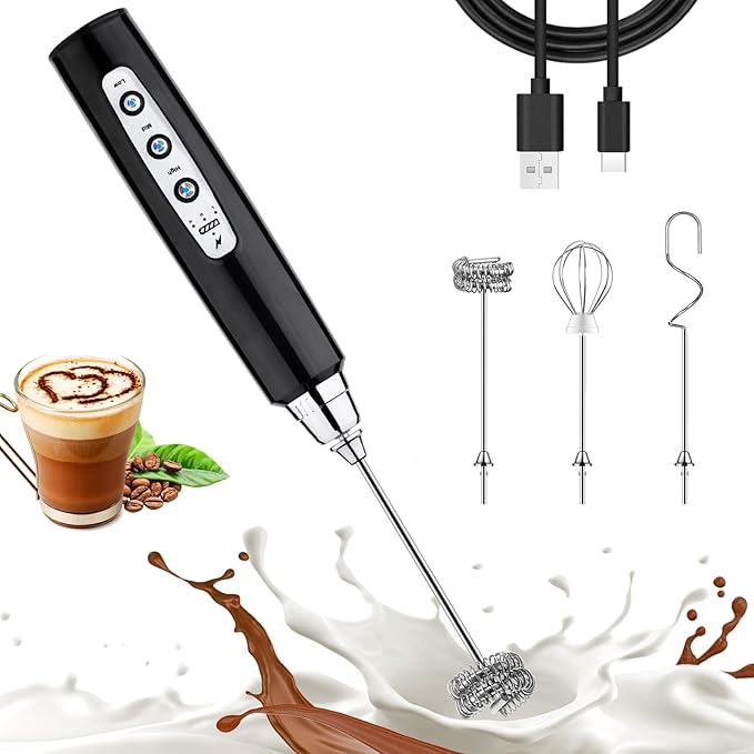 Nahida Black Handheld Milk Frother for Coffee, Rechargeable Electric Whisk with 3 Heads 3 Speeds Frother Foam Maker For Latte, Cappuccino, Hot Chocolate, Egg