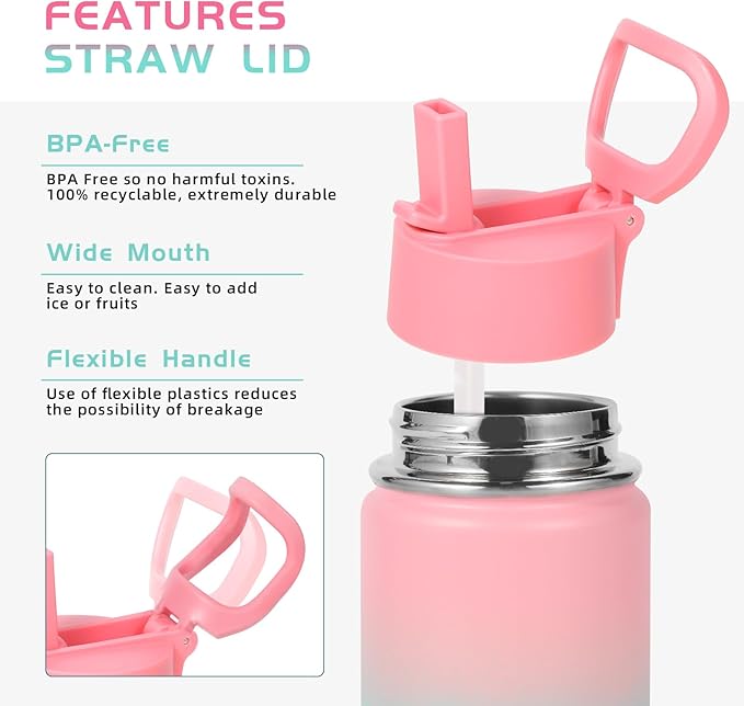 Volhoply 14oz KIds Stainless Steel Insulated Leakproof Water Bottle with Straw Lid and Silicone Boot,BPA-Free Easy Use for Boys&Girls,Double Wall Vacuum Bottles(Pink Green,1)