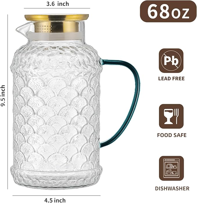 Buaic 2 PACK Glass Pitcher with Lid,68 oz/2 Liter Fish Scale Design Water Pitcher,Clear Borosilicate Glass Water Carafe for Cold Brew, Coffee, Lemonade, Iced Tea,Heat Resistant Water Glass Jug