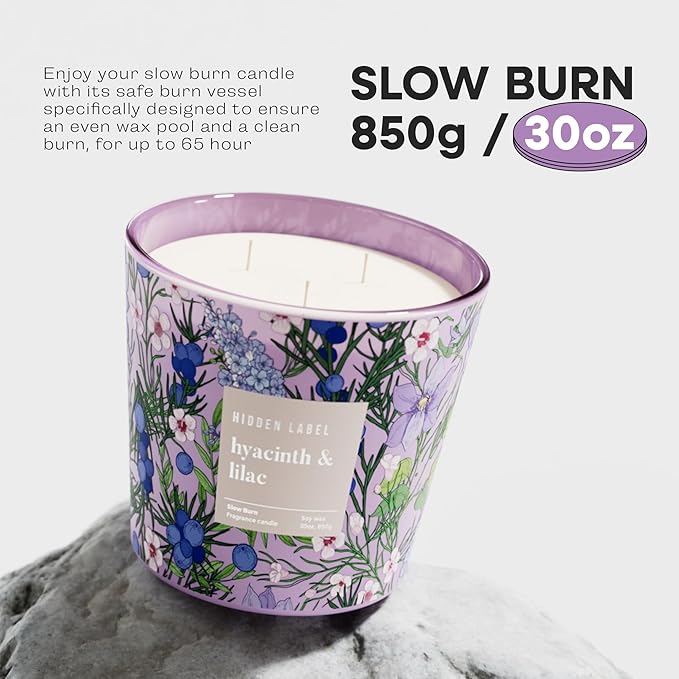 Hidden Label Large Soy Candle, Hyacinth Lilac Scented, 3 Wick 30oz, 100Hr Burn, Natural Non-Toxic Aromatherapy Stress Relief, Home Scent, Spa