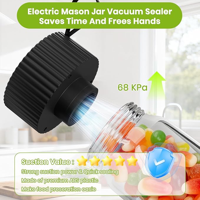 Electric Mason Jar Vacuum Sealer Kit, One-Touch Electric Sealing， for Wide-Mouth Regular-Mouth Mason Jars, Portable Vacuum Sealer for Jars, Gifts for Mom, Grandma(2026 Upgraded)