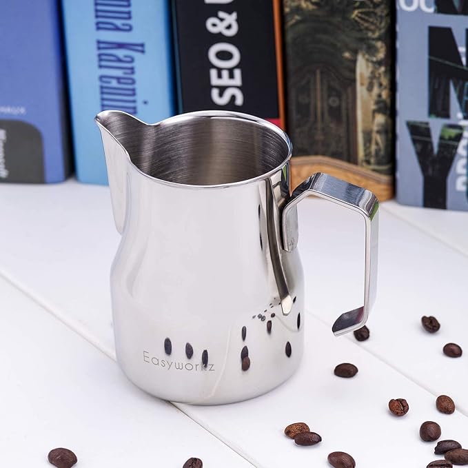 Easyworkz Espresso Steaming Pitcher Stainless Steel 12 oz Latte Art Cup (Sliver), Bundled with Easyworkz Espresso Steaming Pitcher Stainless Steel 20 oz (Black)