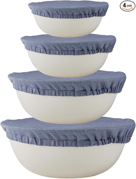 100% Pure Linen Bowl Covers For Bread Proofing, 4 Pcs Elastic Reusable Solid Color Cloth Fabric Bowl Covers,XL Organic Washable Large Stretch Sourdough Lids 6 * 8 * 10 * 12 Inches, Blue