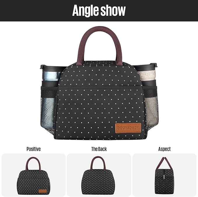 douyadady Lunch Bag Women/Men Lunch Box Women/Men (black polka dot)
