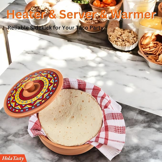 Mexican Terracotta Tortilla Warmer for Thanksgiving | Authentic Terra Cotta Tortilla Holder with Warmer Cloth | Natural Clay Tortillero Keeps 8" Tortillas Warm | Bread Warmer for Fall Dinner Party