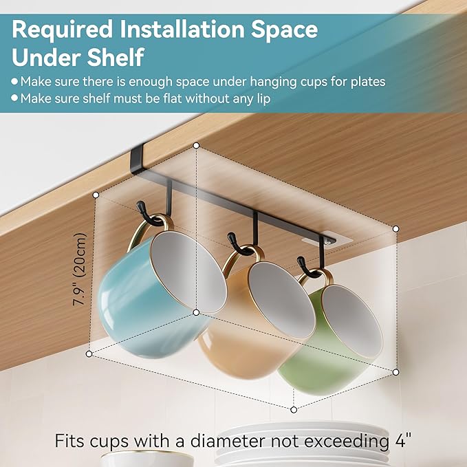 ECROCY Coffee Mug Holder Under Cabinet, 3pcs Coffee Cup Holder Only Fits Flat Shelf Without Any Lip, Clip-On Mug Hooks No Drilling Free Damage