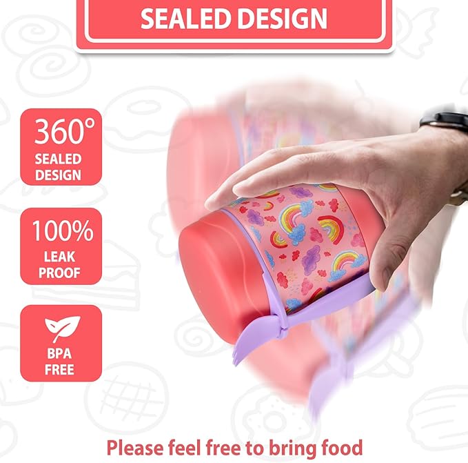 10oz Soup Thermo for Hot Food Kids,Lunch Thermo Kids Food Jar with Spoon Hot Insulated Food Containers,Leak Proof Stainless Steel Wide Mouth Lunch Thermo Jar for School(Pink-Rainbow)