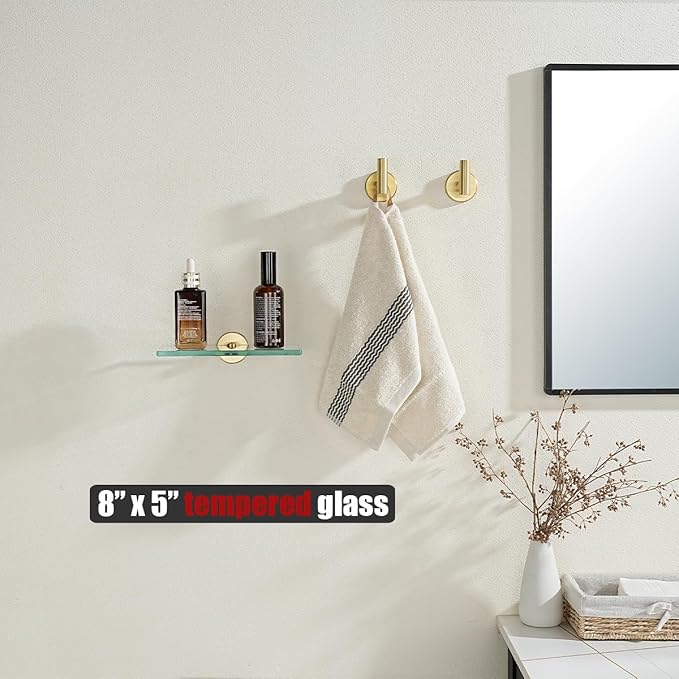 JQK Bathroom Glass Shelf Gold, Tempered Glass Shower Storage 8 by 5 inches, 304 Stainless Steel Brushed Gold Wall Mount 2 Pack, TGS101L8-BG-P2