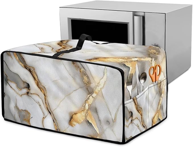 Toaster Oven Dust Cover with Storage Pockets, Protective Decorative Smart Oven Cover for for Kitchen Countertop, L, 18.5 x 22.5 x 13 inches, White Gold Gray Marble