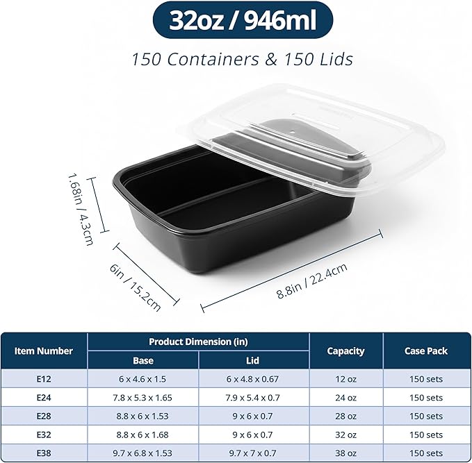 TIYA Food Containers - 32 oz Bulk 150 Pack with Lids - Rectangular Plastic To-Go Containers - Reusable, Microwavable, Dishwasher Safe - Leak-Proof for Meal Prep - BPA-Free