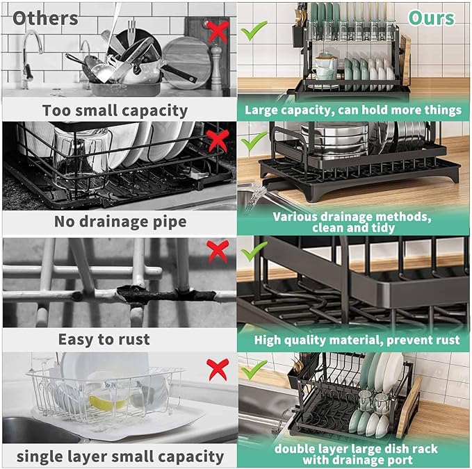 XLMYS Dish Drying Rack, 2 Tier Large Dish Drying Rack for Kitchen Counter with Drainboard Stainless Steel Dish Drainer for Dish/Knifes/Cup/Cutting Board, Black