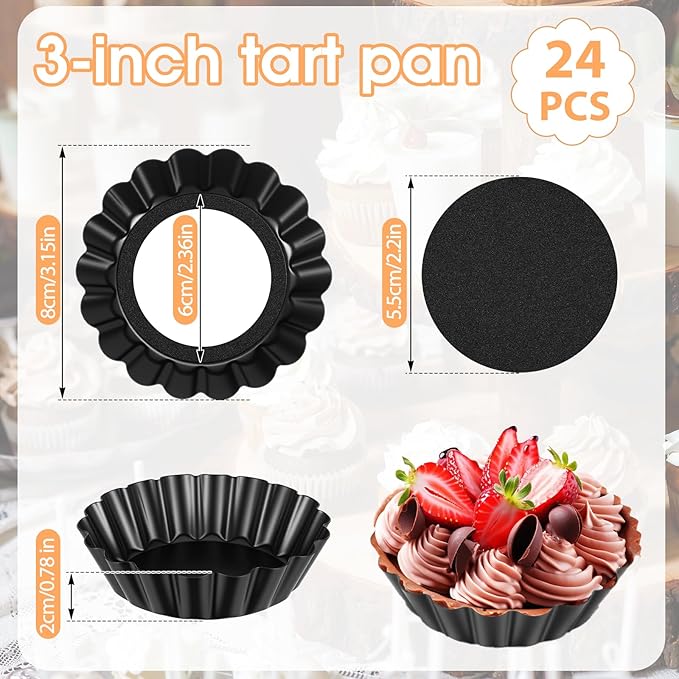 Yolev 24 Pcs Mini Pie Tart Pans 3" with Removable Bottom Round Nonstick Quiche Pan Bakeware Egg Tart Molds Fluted Side Small Quiche Pans Steel Mini Pie Tins for Pies Mousse Cheese Cake Dessert