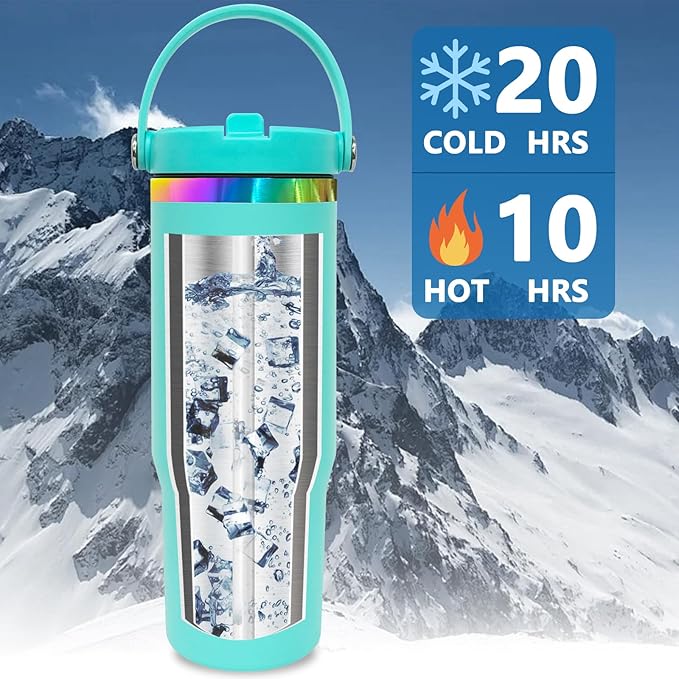 30 oz Tumbler with Handle and Straw, Vacuum Insulated Tumblers with Flip Straw and Top Handle, Leakproof Powder Coated Tumbler, Stainless Steel Travel Mug for Coffee Water (Blue)