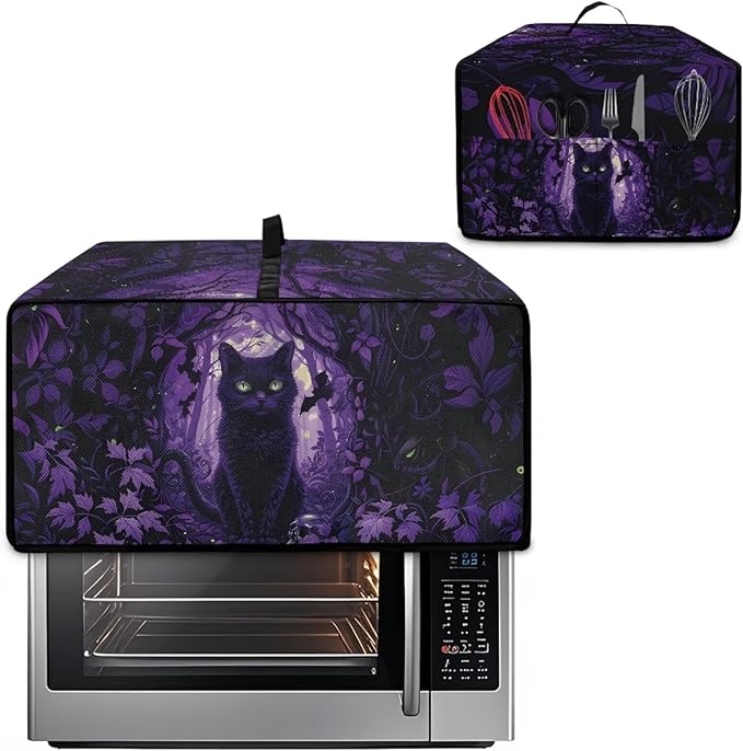 Countertop Convection Oven Cover Decorative and Protective Air Fryer Toaster Oven Dust Cover for Home Kitchen Indoor Decor, M, Black Cat Skull Bat Violet Forest Halloween
