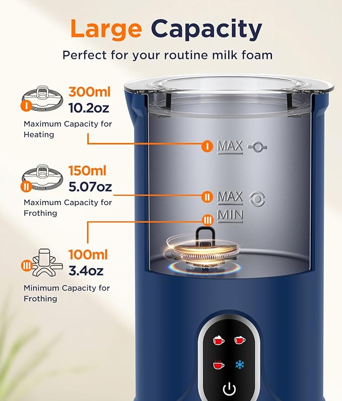 Spacekey Milk Frother Electric Automatic Frother for Coffee with Mute Mode, 10.1oz/300ml Overheat Protection Milk Steamer, 4-in-1 Warm and Cold Foam Maker for Latte/Hot Chocolate