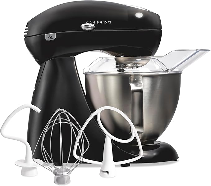 Hamilton Beach Die-Cast Metal Classic Electric Stand Mixer, 12 Speeds, 4.5-Quart Stainless Steel Bowl, Includes Flat Beater, Whisk, Dough Hook & Pour Shield, Powder-Coated Black Finish (63227N)