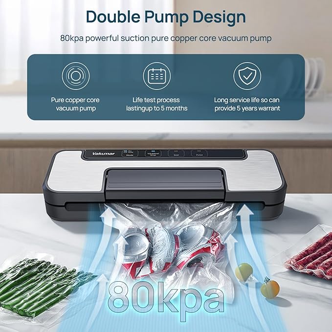 Vakumar Vacuum Sealer Machine, 80Kpa Food Vacuum Sealer Machine with Double Pump, Dry,/Moist, Pulse Mode, Handle Locked Design, LED Indicator Light & Cutter,12MM Widened Heating Strip