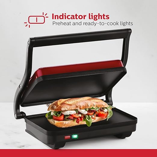 Holstein Housewares 2-Slice Electric Griddle, Non-Stick Sandwich Maker with Adjustable Temperature, Cool-Touch Handle, Metallic Red