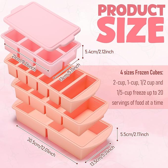 4 Pack Silicone Freezer Trays with Lid, 1/5, 1/2, 1, and 2 Cup Soup Freezer Molds Set Stainless Steel Frame Ice Cube Tray for Meal Prep Freezing Soup Stews Sauces Oven Microwave Safe(Pink)