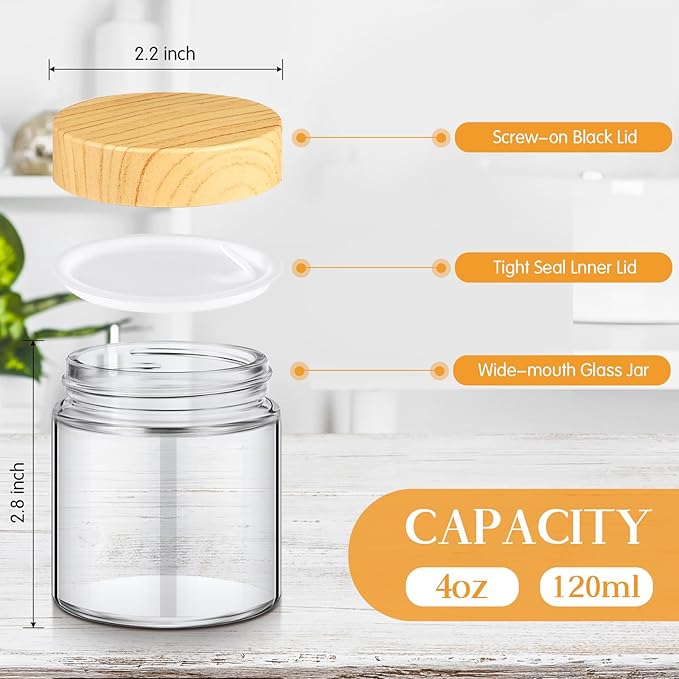 Norme 64 Pcs 4 oz Glass Jars with Lids Empty Small Glass Containers and Inner Liners Reusable Cosmetic Jars Round Airtight Bottles with Plastic Wood Grain Lids for Travel