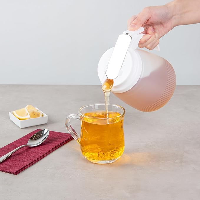 Restaurantware-Chef 101 32 Ounce All Purpose Syrup Dispenser, 1 Honey Dispenser - White Top, Stainless Steel Slide Cover, Plastic Pancake Syrup Bottle, Perfect For Diners, Restaurants, Home