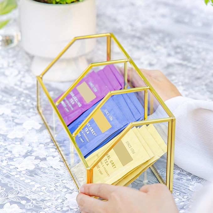 NCYP Glass Tea Bags Organizer with 3 Slots, Brass Open Display Case, Kitchen Cabinet Gold Decor Box, Indoor Counter Teabag Storage Rack, 8.7 x 3.6 x 3.6 Inches (Glass Box Only)