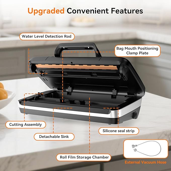 Newise 85Kpa Vacuum Sealer Machine - Kitchen Gifts, 10-in-1 Full Automatic Food Saver with Easy-Lock Handle, Built-in Cutter & Roll Storage for Dry/Moist Foods, Includes Bags & External Hose