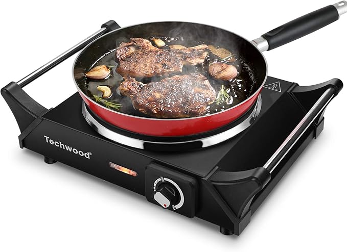 Techwood Hot Plate Portable Electric Stove 1500W Countertop Single Burner with Adjustable Temperature & Stay Cool Handles, 7.3” Cooktop for Dorm Office/Home/Camp, Compatible for All Cookwares