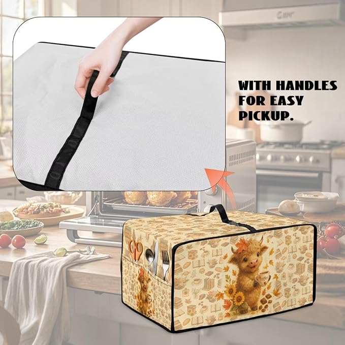 Toaster Oven Dust Cover Dustproof Convection Microwave Ovens Cover Stain-resistant Small Countertop Appliance Protector, M, Highland Cow Coffee Sunflower Fall Decor