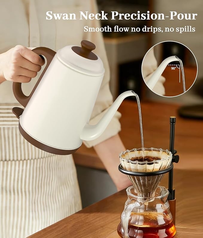 Gooseneck Electric Kettle 1L, 1000W Fast Boiling for Pour-Over Coffee & Tea, 304 Stainless Steel BPA-Free, Precise Flow Spout, Auto Shut-Off & Boil-Dry Protection, Retro Style (White)