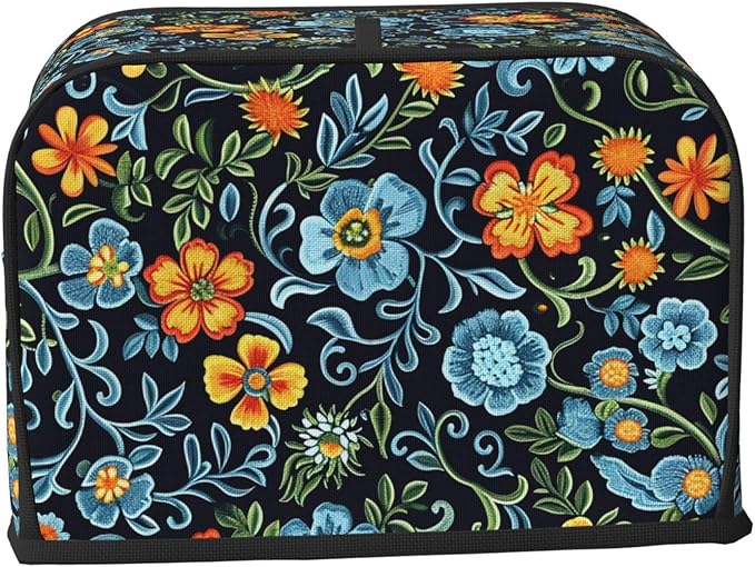 Blue Floral Toaster Cover 2 Slice, Cute Rural Bread Machine Cover, Washable Dust-Proof Cover for Kitchen Small Appliance Cover,with Top Handle