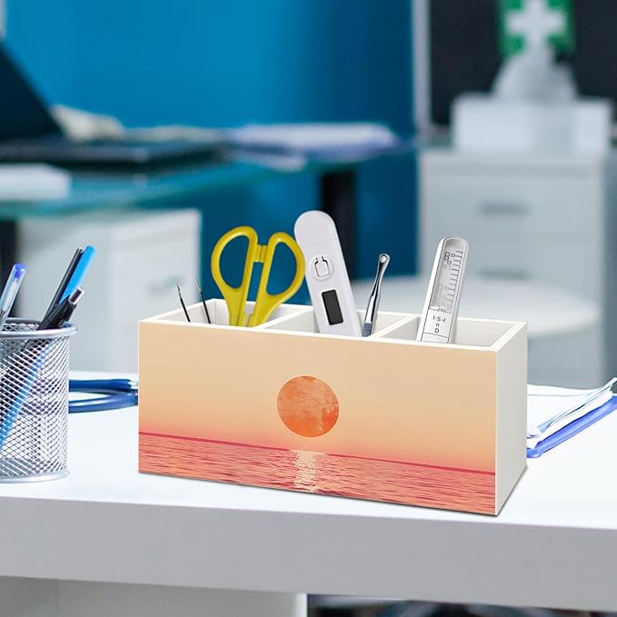 Minimalist Ocean Sunset Wooden Utensils Holder, Pink and Orange Abstract Coastal Nature Seascape Wood Cooking Utensil Holder Organizer for Kitchen Countertop Counter Decor Accessories
