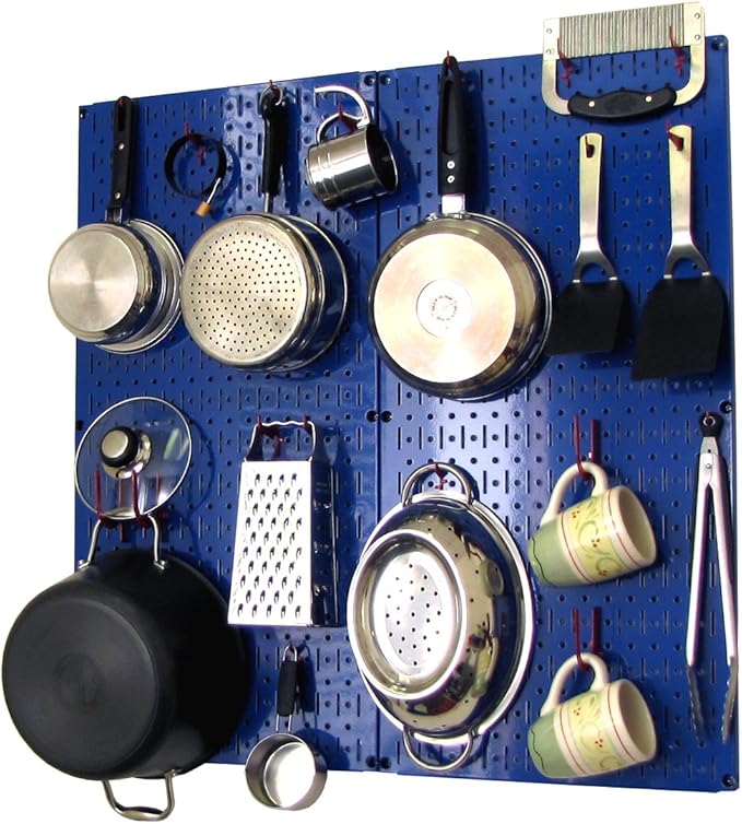Wall Control Kitchen Pegboard Organizer Pots and Pans Storage Rack Organization Kit with Blue Pegboard and Red Accessories