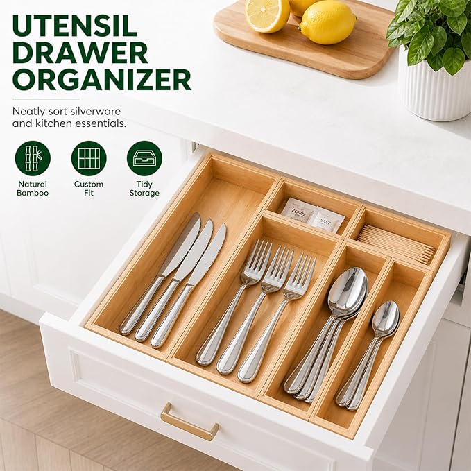 Bamboo Kitchen Drawer Organizer for Utensils, Set of 6 Stackable Silverware Tray for Drawer, Multi-Use Storage Bamboo Trays for Utensil Holde, Office, Makeup, Jewelry, Bathroom